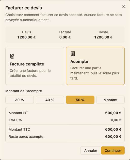 Aperçu d’un acompte de 50 % sur un devis fictif de 1 200 €, avec 600 € restant après acompte.