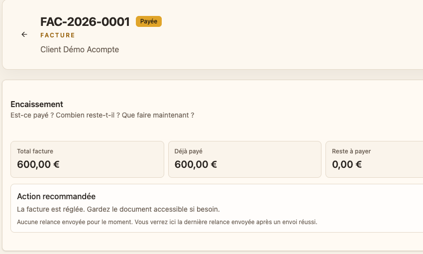 Facture d’acompte fictive payée : 600 € au total, 600 € déjà payés et 0 € restant à payer.