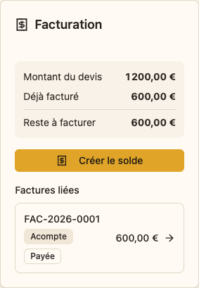 Panneau de facturation d’un devis fictif montrant 600 € déjà facturés, 600 € restant à facturer et l’action Créer le solde.