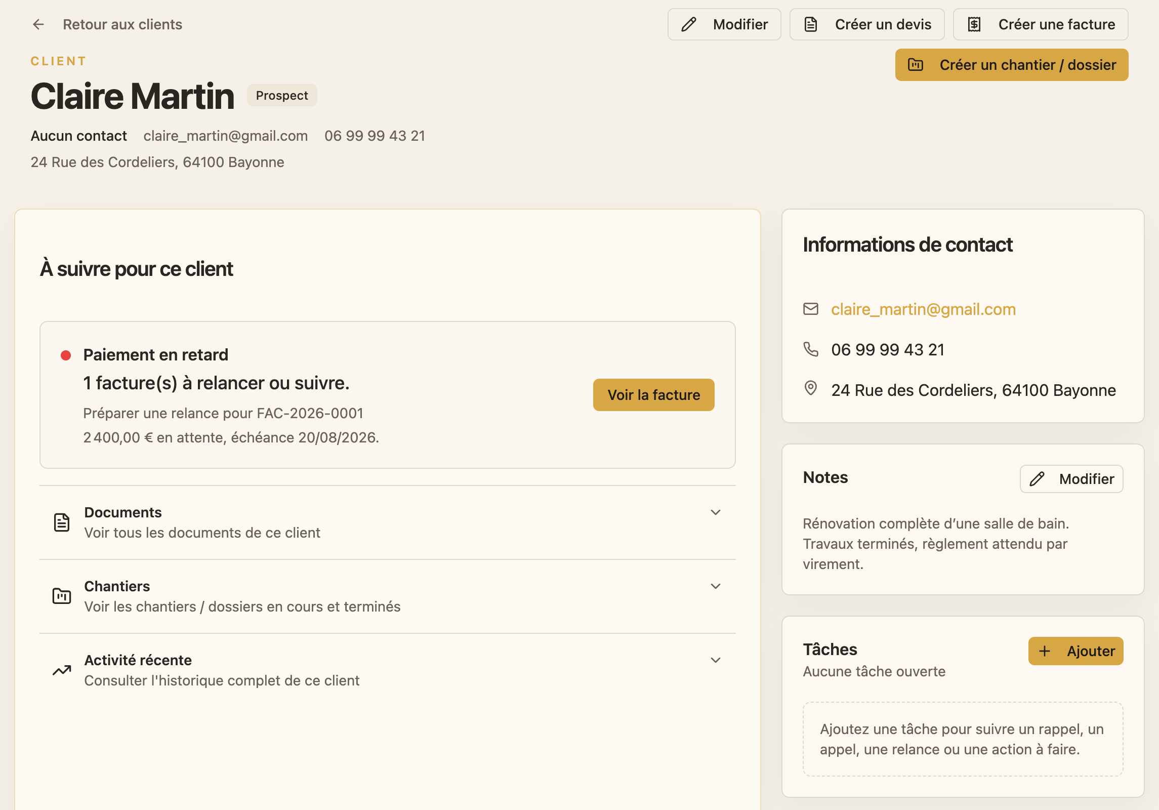 Aperçu de la fiche client Claire Martin dans Matery