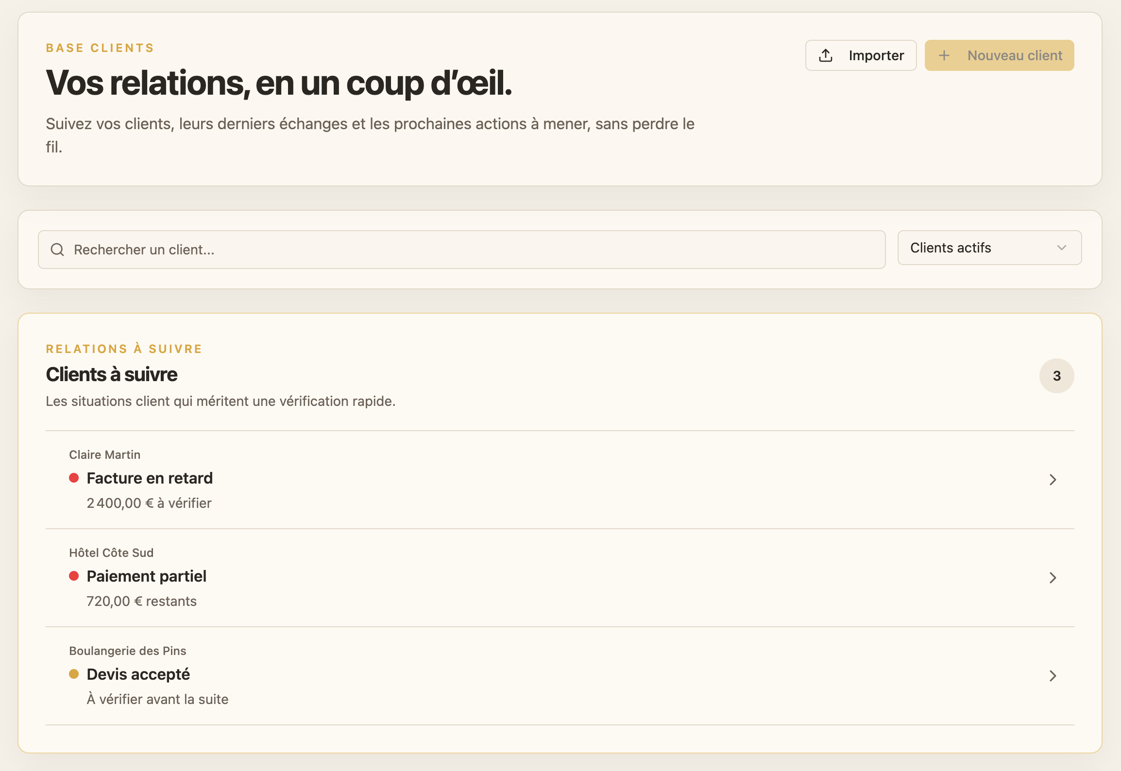 Capture réelle de la base clients Matery avec les relations à suivre
