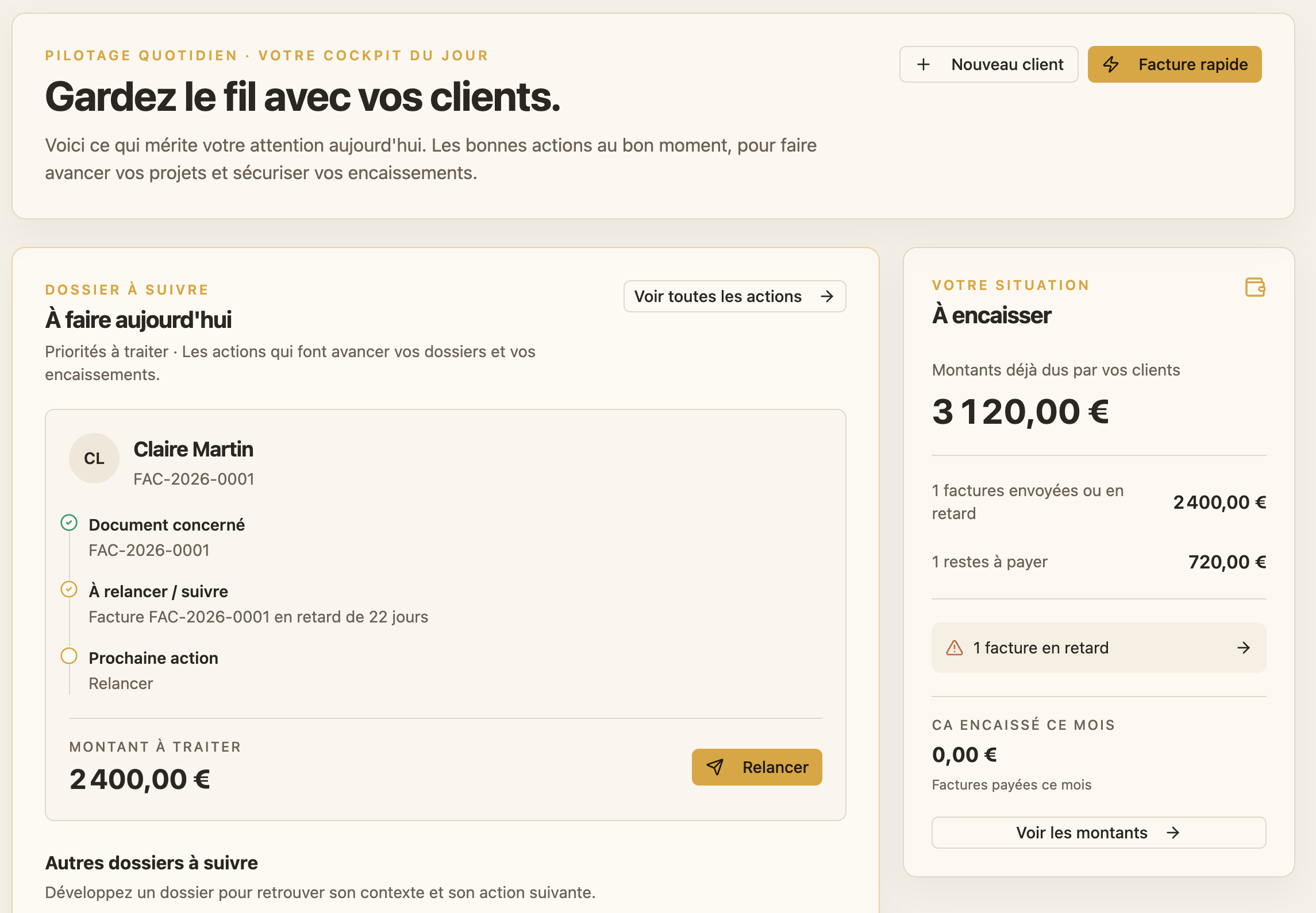 Capture réelle du dashboard Matery avec le cockpit du jour